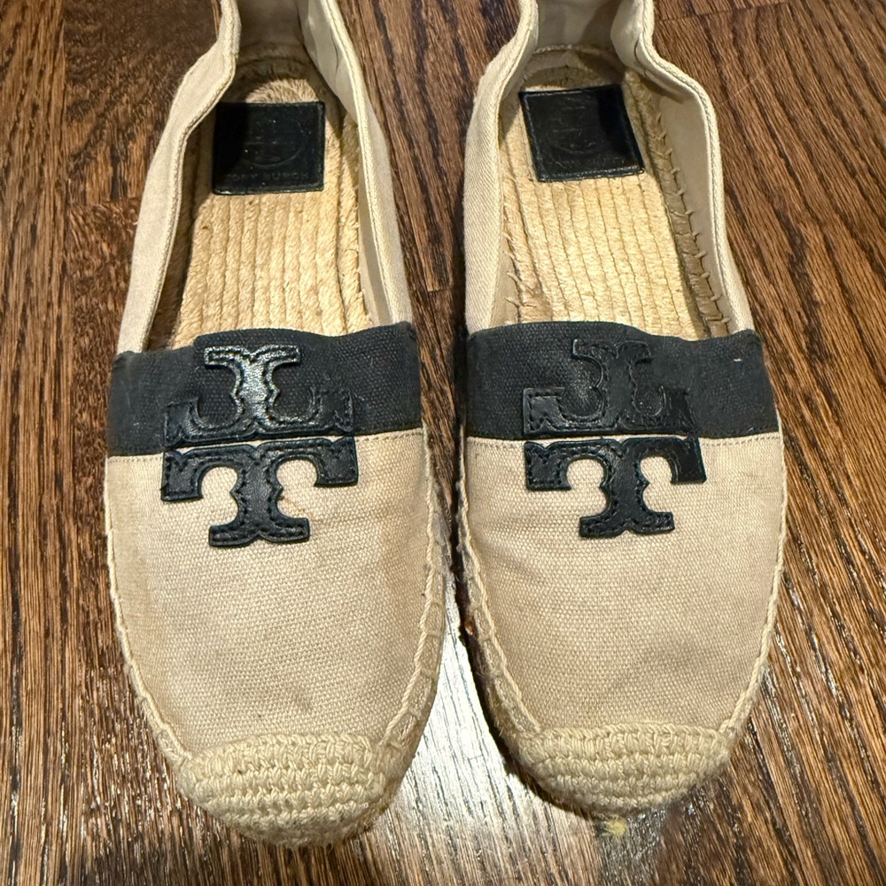 Tory Burch Beige Canvas Espadrilles with Black Logo Trim